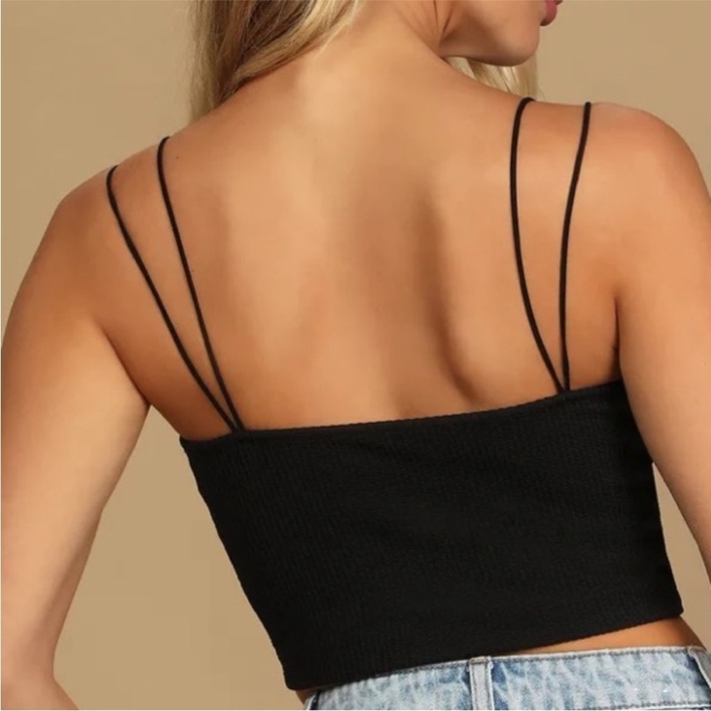 Black Ribbed Double Spaghetti Strap Cropped Cami